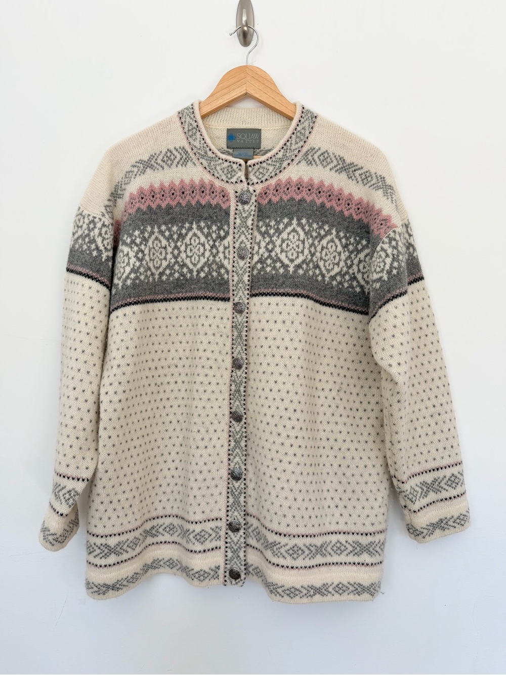 VTG Squaw Valley 100% Wool Fair Isle Button-Front Cream Pink Sweater Cardigan L